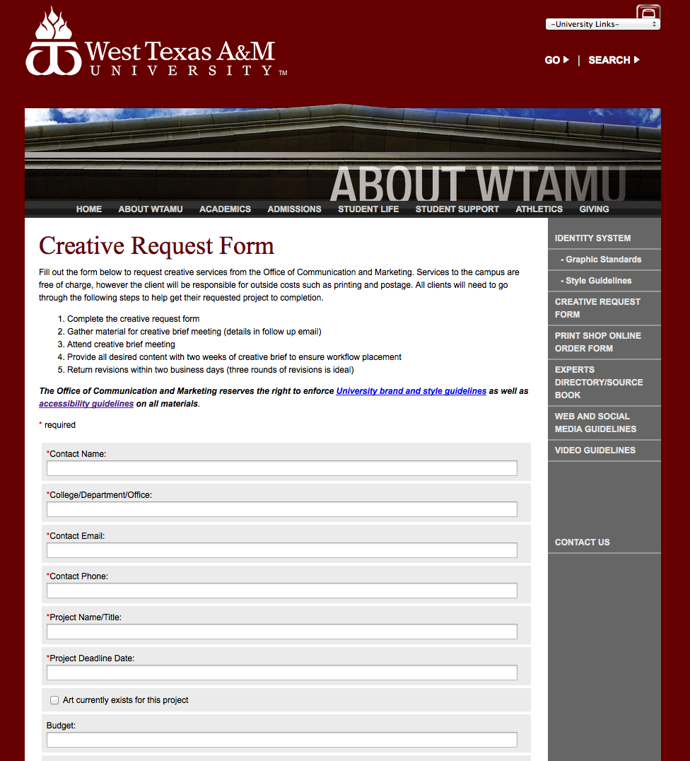 west texas a m university graphic standard new creative request form