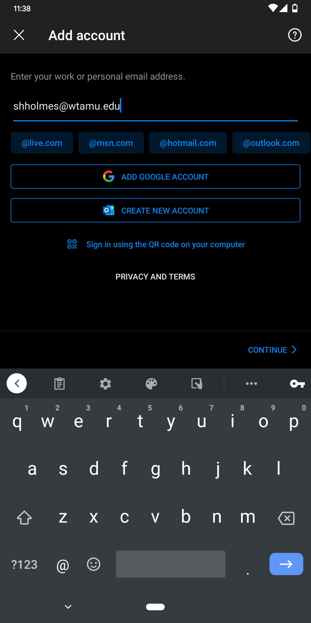 enter you WTAMU email address and then tap Continue