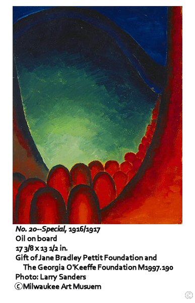 No. 20 - Special, 1916/1917. Abstract oil painting with red and black land and white, reddish, and black scky.