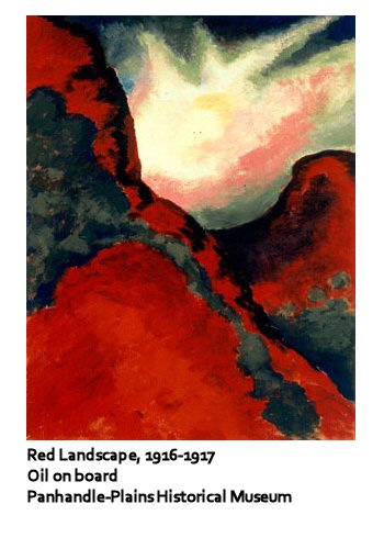 Red Landscape. Abstract oil painting with red and black land and white, reddish, and black sky.