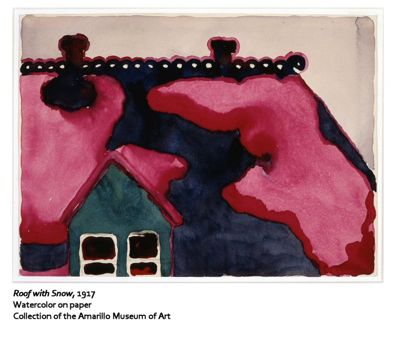 Roof with Snow. Red patches of snow on a dark roof. The watercolor painting is abstract with simple lines and shapes