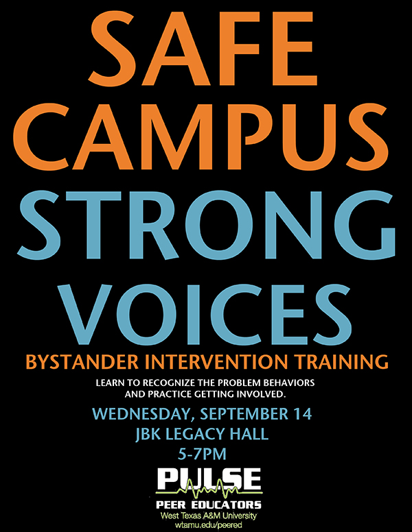 Safe Campus, Strong Voices, Bystander Intervention Training Flyer