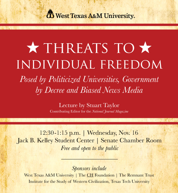 Lecture by Stuart Taylor - Nov. 16 - 12:30-1:15 p.m. - JBK Center